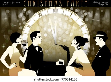 The party at the bar in the style of the early 20th century. Retro party invitation card. Handmade drawing vector illustration. Art Deco style.