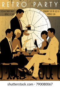 The party at the bar in the style of the early 20th century. Retro party invitation card. Handmade drawing vector illustration. Art Deco style.