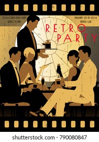 The party at the bar in the style of the early 20th century. Retro party invitation card. Handmade drawing vector illustration. Art Deco style.