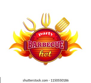 Party barbecue hot BBQ isolated icon vector and text. Barbeque frying pan with spatula and forks. Cutlery and dishware with flames fire, grilling meal