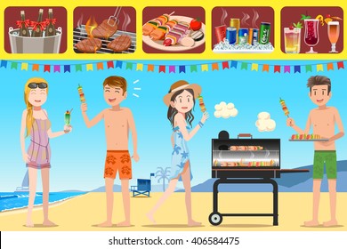 Party barbecue of teenage tourism and activities on the  beach. Illustrated guide for people meeting outdoors activities. Summer holidays. 