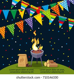 Party or BBQ poster design with colorful flags. Bbq grill party, cooking steak meat, vector illustration