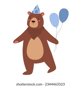 Party bear with balloons. Cute happy birthday bear, forest cheerful animal vector illustration