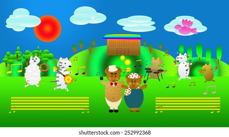  Party with bears and animal friends in the farm or garden banner .Illustration vector. Outdoor party under red sun and clear blue sky . Outdoor music contest .