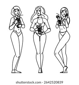 party bikini girl cocktail vector. drink fun, swimwear style, trend refreshing party bikini girl cocktail character. people black line pencil drawing illustration