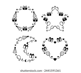 party birthday anniversary celebrate element object icon frame circle star moon heart shape black white vector design illustration collections