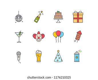 Party and birthday celebration colored line icons with disco ball, champagne bottle, cake, gift, cocktail, clown, balloons, fireworks, karaoke, beer, party hat, confetti.