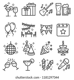 Party, Birthday, celebration line web icons set. Confetti, Cocktail, Guitar, Beer, Gift, Flag Balloon Firework Party Hat Disco Ball and more