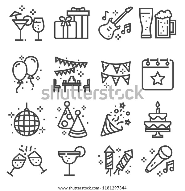 Party, Birthday, celebration line web icons set.\
Confetti, Cocktail, Guitar, Beer, Gift, Flag Balloon Firework Party\
Hat Disco Ball and more