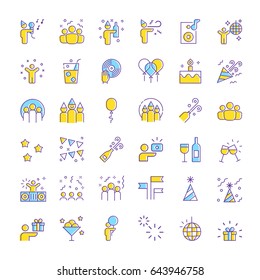 Party and birthday celebration vector icon set. Color Outline icon collection.