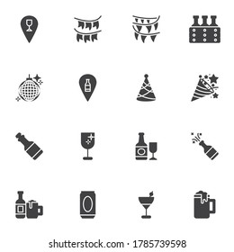 Party birthday celebration vector icons set, modern solid symbol collection, filled style pictogram pack. Signs, logo illustration. Set includes icons as disco ball, party flag, confetti, cocktail