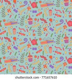 Party birthday colorful cute doodle icons seamless vector pattern
