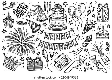 Party birthday doodle vector set. Happy birthday celebration hand drawn clipart big collection. Anniversary decoration objects  