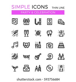 Party, Birthday party, entertainment, holiday celebration vector thin line icons set. 32x32 px. Line graphic design for web design, mobile app, infographics. Pixel perfect vector outline icons set.