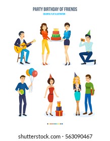 Party birthday of friends. Songs with a guitar, a birthday cake, funny photo, surprises and gifts, beautiful clothes and outfits. Cartoon vector illustration isolated on white background.