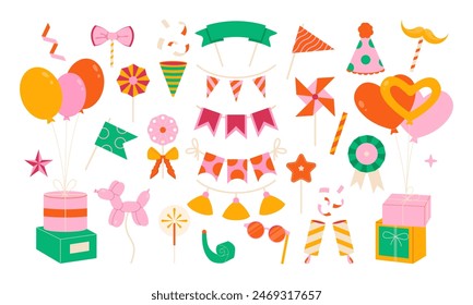 Party, birthday, holiday set of cute vector elements. 27 cute elements for the holiday. Vector illustration