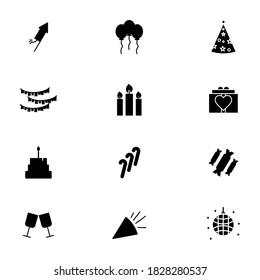 party  birthday icon set glyph style for your design. such as firework, party, rocket,Ballon party,Hat party icon,decoration party,candle,gift,disco lights party