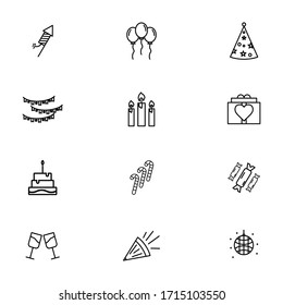 party  birthday icon set outline style for your design. such as firework, party, rocket,Ballon party,Hat party icon,decoration party,candle,gift,disco lights party