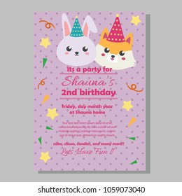 party birthday invitation template with rabbit and fox