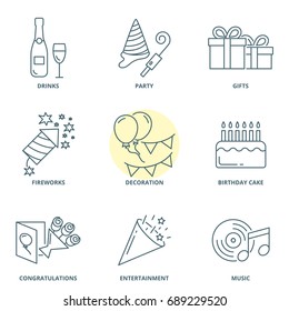 Party and birthday linear vector icons set