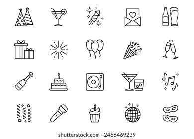  Party, birthday outline icons set. Editable stroke. Confetti, cocktail, fireworks, music. Isolated vector illustration