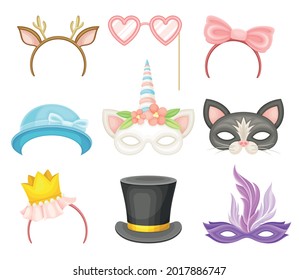 Party Birthday Photo Booth Prop with Hairband and Mask Vector Set