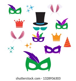 Party Birthday photo booth props. Hat and mask, costume and cylinder, bunny ears nose moustache