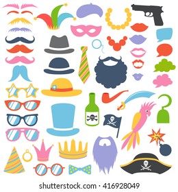   Party birthday photo booth props set. Hat, mask, cylinder, mustache, beard, sunglasses, lips, speech bubbles. Vector illustration. Pirate, hipster, clown, mafia 