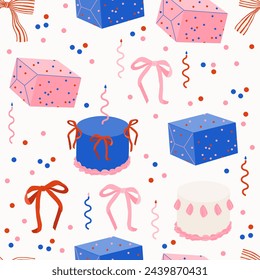 Party birthday seamless pattern with bento cake, candles, bows, gifts, confetti. Texture for wrapping paper, wallpaper, textile design
