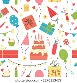 Party birthday seamless pattern. Festive cake, confetti and balloons. Kids cartival, festive anniversary print. Bright celebrate decent vector background