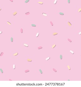 Party birthday sprinkles seamless pattern, pastel colors vector digital illustration, pink background