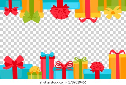 Plantilla de cumpleaños de fiesta con el cuadro actual, fondo transparente. Cajas de dibujos animados arco de cinta. Regalo moderno y colorido tradicional. Paquete Cumpleaños, aniversario, fiesta de celebración. Ilustración del vector