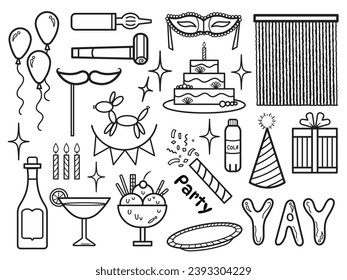 Party or birthday themed vector icons set collection with black outlines isolated on white background. Simple flat minimalist cartoon art styled drawing. Festive or carnival themed art.
