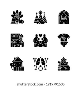 Party Black Glyph Icons Set On White Space. Thanksgiving Tradition. Birthday Cone Hats. Wedding Reception. Game Night. Family Gathering. Silhouette Symbols. Vector Isolated Illustration