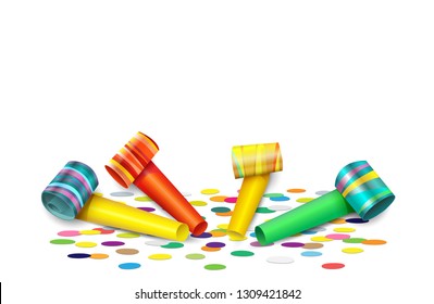 Party blank card with colorful paper party blower, 
horn or noisemaker and confetti,
Design element for invitation or greeting card,
Vector illustration isolated on white background