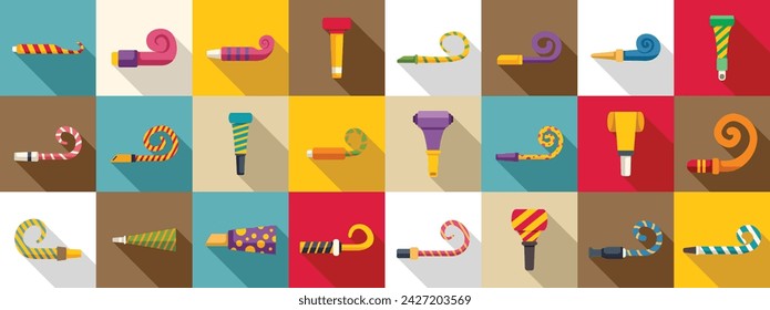 Party blower icons set flat vector. Whistle horn happy. Celebration carnival