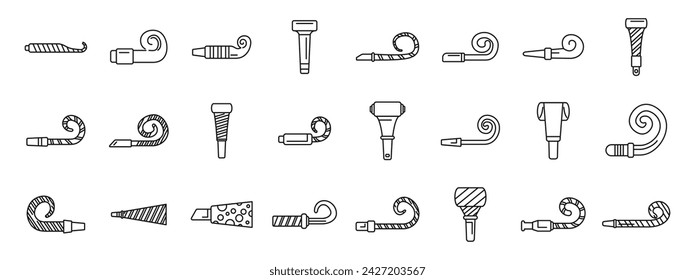 Party blower icons set outline vector. Whistle horn happy. Celebration carnival