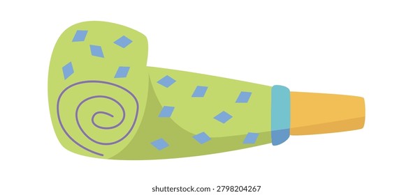 Party blower with spiral and confetti pattern, rolled tube and mouthpiece in a clean cartoon style. Symbol of festivity, fun, and joy for birthday, new year, and event decor. Cartoon vector illustration.
