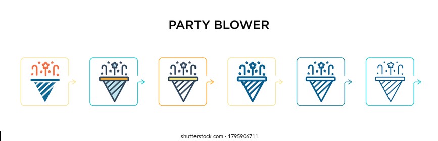 Party blower vector icon in 6 different modern styles. Black, two colored party blower icons designed in filled, outline, line and stroke style. Vector illustration can be used for web, mobile, ui