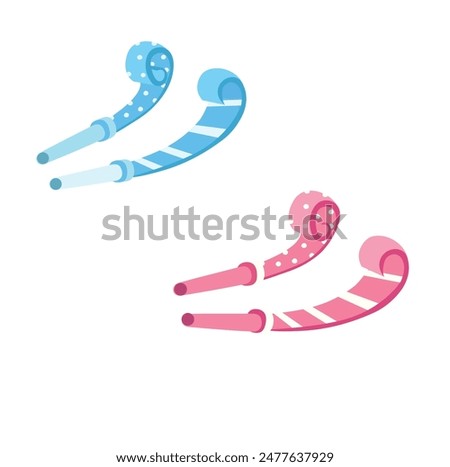 Party blower vector set. Birthday blowing horn. Party blowout or noisemaker clipart. Birthday party element. Flat vector in cartoon style isolated on white background.