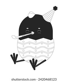 Party blowing cute baby chicken in birthday hat black and white 2D line cartoon character. Noisemaker small chick isolated vector outline personage. Funny bird monochromatic flat spot illustration