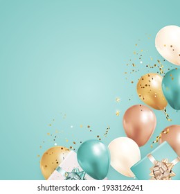 Party Blue Holiday Background with Balloons and confetti. Vector Illustration EPS10