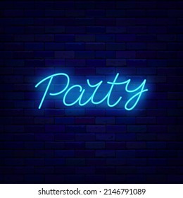 Party blue neon lettering. Glowing celebration calligraphy. Social entertainment signboard. Event greeting card on brick wall. Luminous label. Editable stroke. Vector stock illustration