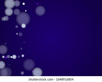 Party blurred bokeh lights confetti illustration. White abstract snowflakes over dark blue background. Blurred bokeh lights flare effect round particles festive card pattern.