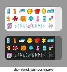 Party Board Games. Invitation Flyer With Game Elements Set. Colorful Cartoon Style Vector Illustration.
