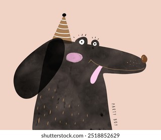 Party Boy. Cute Hand Draw Dachshund in a Party Hat. Happy Black Dog on a Blush Pink Background. Infantile Drawing Style Print ideal for Dogs Lovers, Card, Poster. Kids' Room Decoration. RGB.