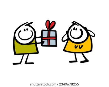 Party boy hands the girl a large gift box with a bow and ribbon. Vector illustration of a woman delighted with a birthday surprise. Funny character isolated on white background.