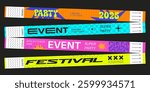 Party bracelet mockups set isolated on black background. Vector realistic illustration of paper wristbands for admission to concert, festival, hotel, vip show, bright neon branding, staff access tags