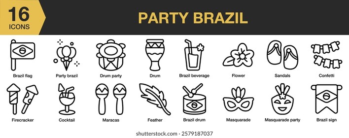 Party Brazil icon set. Includes brazil, celebration, party, festival, event, and More. Outline icons vector collection.