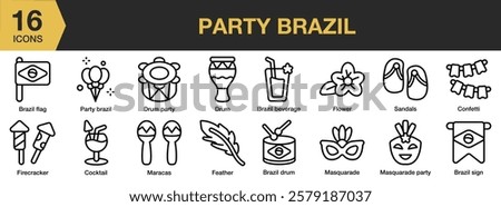 Party Brazil icon set. Includes brazil, celebration, party, festival, event, and More. Outline icons vector collection.